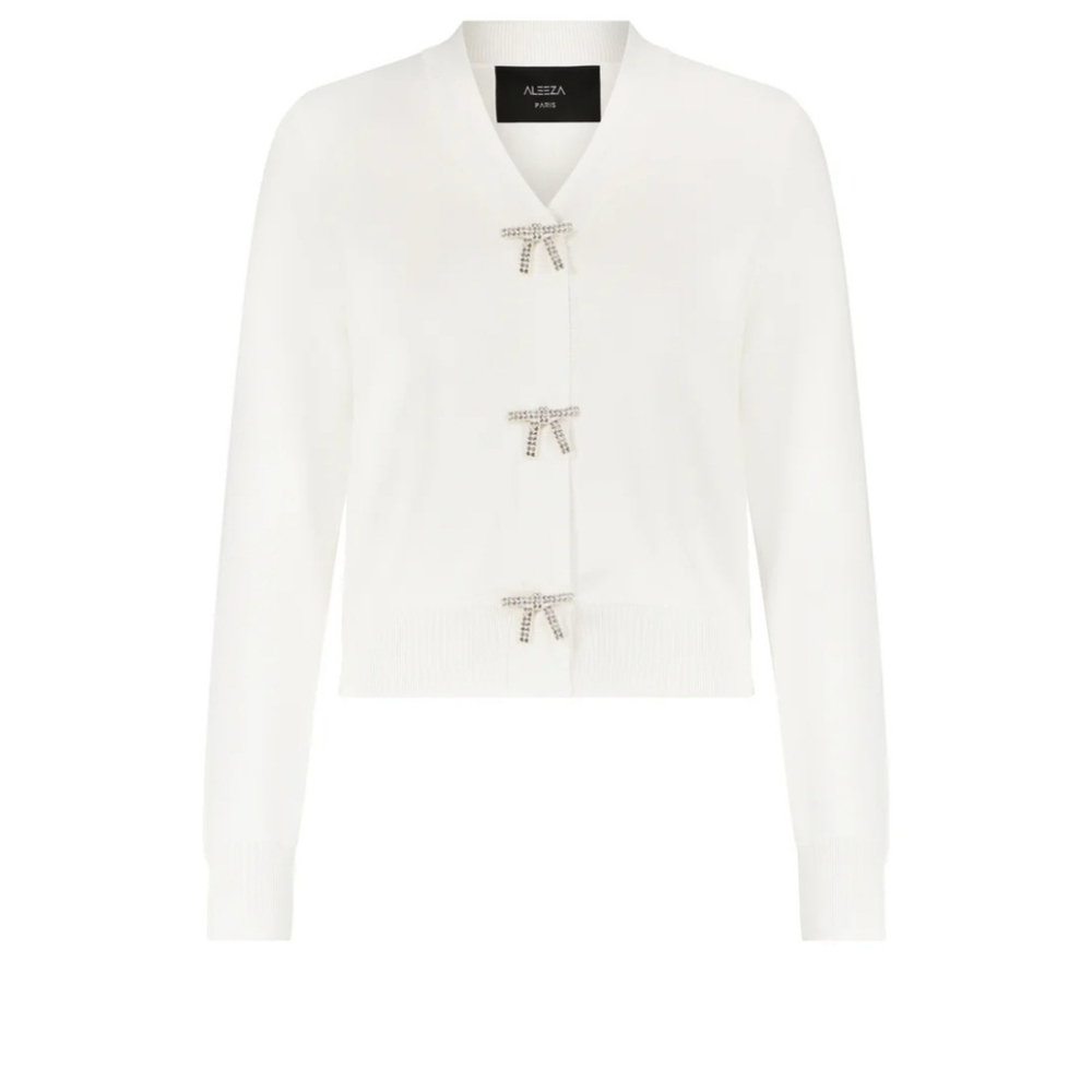 Aleeza Jodie Elegant White Knit Cardigan W/ Bow Details- SOLD OUT ON WEBSITE!!